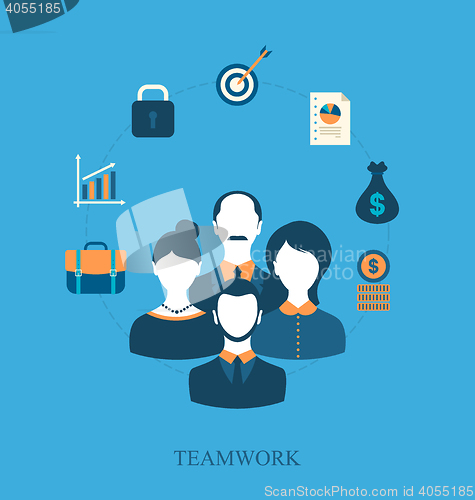 Image of Concept of teamwork of business people leading, flat icons of bu
