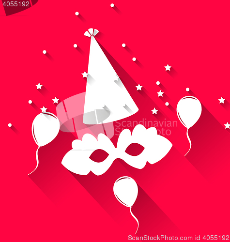 Image of Carnival background with party hat, balloons, and mask