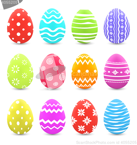 Image of Easter set colorful ornate eggs with shadows isolated on white b