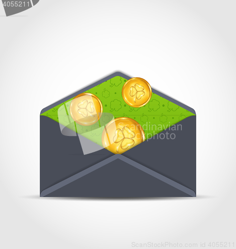 Image of Open envelope with golden coins for St. Patrick\'s Day