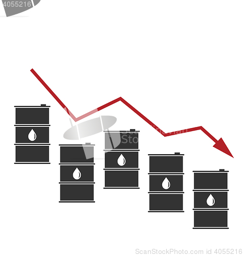 Image of Concept of Oil Prices Fall, Black Barrels and Graph Down