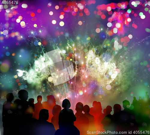 Image of bright sparkling fireworks, confetti and illustrated spectator s