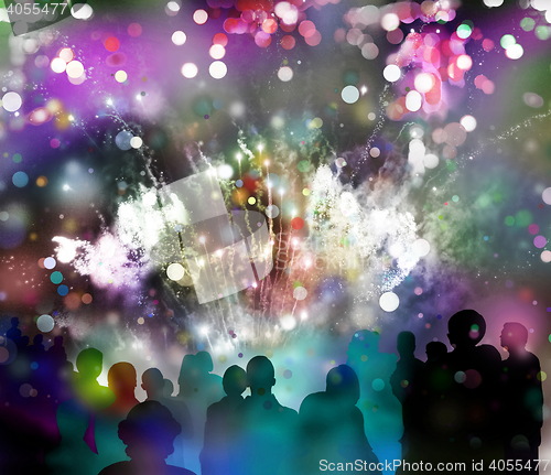 Image of bright sparkling fireworks, confetti and illustrated spectator s