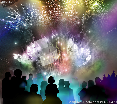 Image of bright sparkling fireworks and illustrated spectator silhouettes