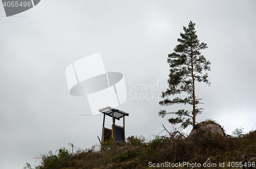 Image of Hunting tower by a single pine tree