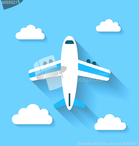 Image of Simple icons of plane and clouds with long shadows, modern flat 