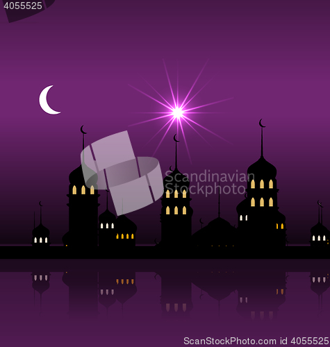 Image of Silhouette of Mosque Against Night Sky with Crescent Moon