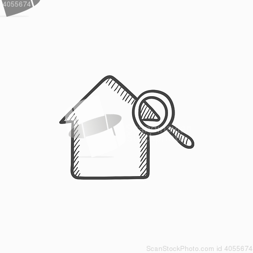 Image of House and magnifying glass sketch icon.