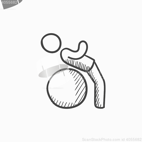 Image of Man doing exercises lying on gym ball sketch icon.