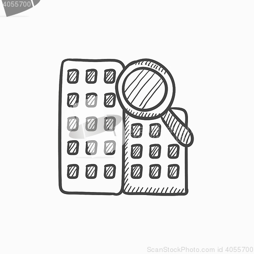 Image of Condominium and magnifying glass sketch icon.