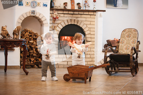 Image of The two little girls standing at home against fireplace