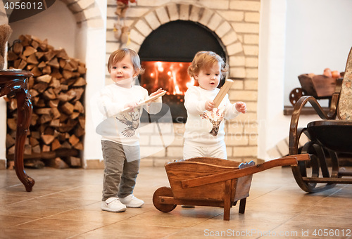 Image of The two little girls standing at home against fireplace