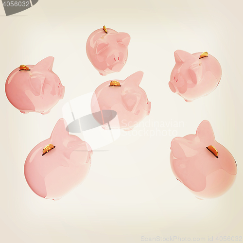 Image of gold coin with with the piggy banks. 3D illustration. Vintage st