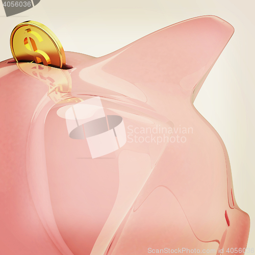 Image of gold coin with with the piggy banks (close-ap). 3D illustration.