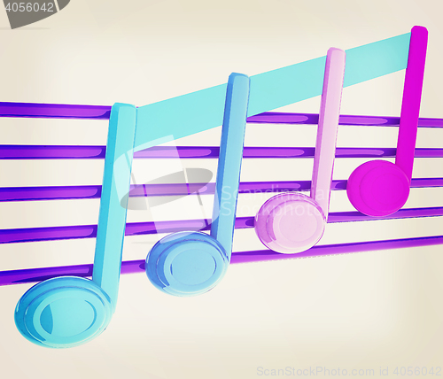 Image of 3D music note on staves. 3D illustration. Vintage style.