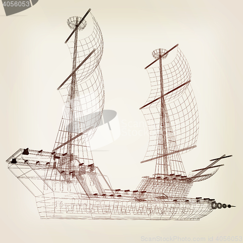 Image of 3d model ship. 3D illustration. Vintage style.