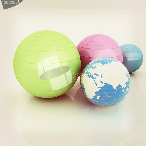 Image of Pilates fitness ball and earth. 3D illustration. Vintage style.