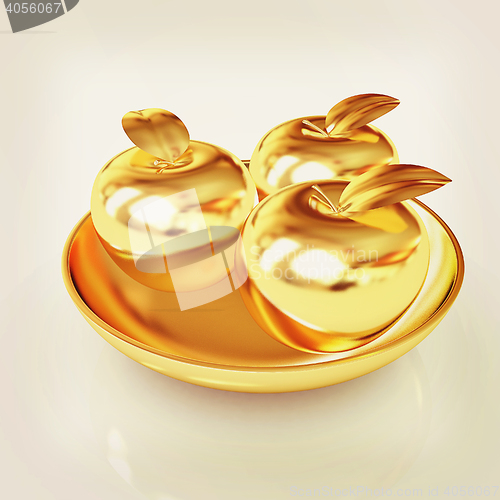 Image of Gold apples on a plate. 3D illustration. Vintage style.