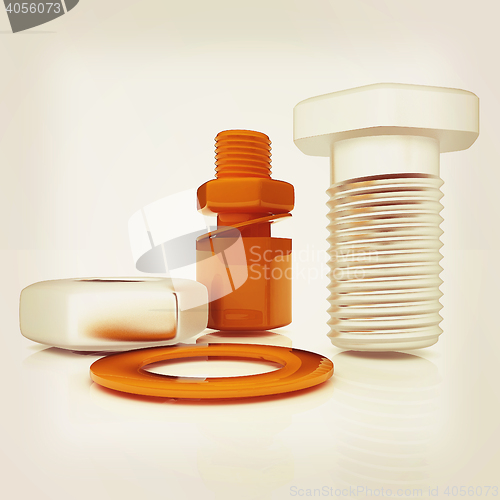 Image of bolts with a nuts and washers. 3D illustration. Vintage style.