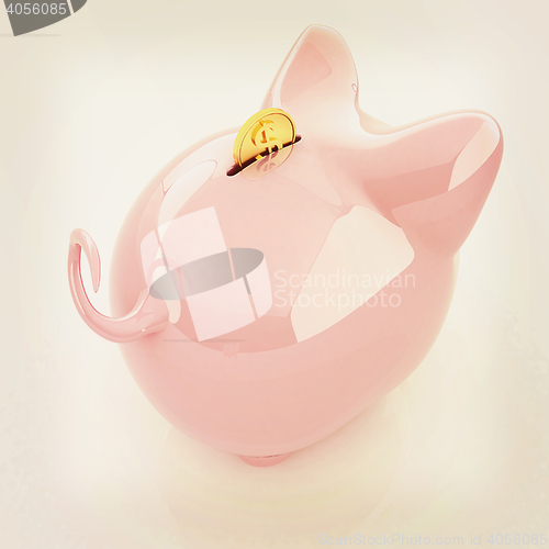 Image of Piggy bank with gold coin on white. 3D illustration. Vintage sty