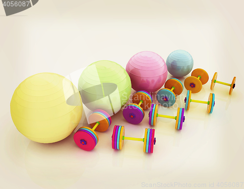 Image of Fitness ball and dumbell. 3D illustration. Vintage style.