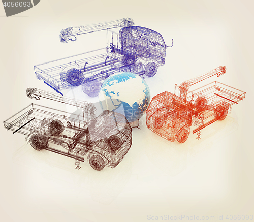 Image of 3d model truck and Earth. Global concept. 3D illustration. Vinta