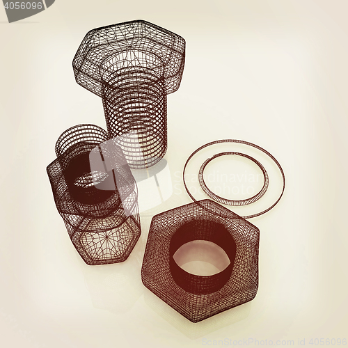 Image of bolts with a nuts and washers. 3D illustration. Vintage style.