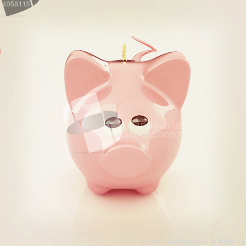 Image of Piggy bank with gold coin on white. 3D illustration. Vintage sty