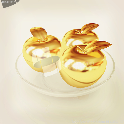 Image of Gold apples on a plate. 3D illustration. Vintage style.