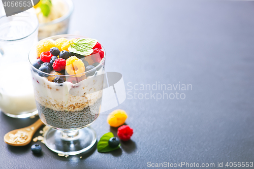 Image of milk with chia seeds and berries