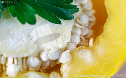 Image of Cut bell pepper. Presents closeup.