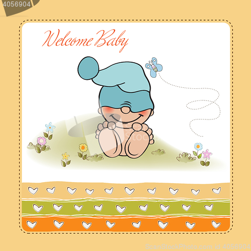 Image of baby boy shower card with funny little baby
