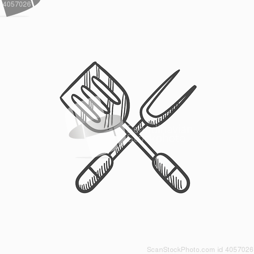 Image of Kitchen spatula and big fork sketch icon.