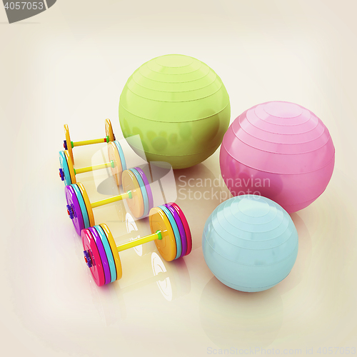 Image of Fitness ball and dumbell. 3D illustration. Vintage style.