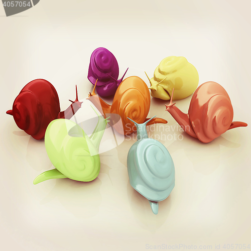 Image of 3d fantasy animals, snails on white background . 3D illustration