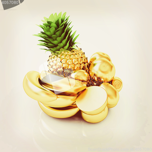 Image of Gold citrus in a dish. 3D illustration. Vintage style.