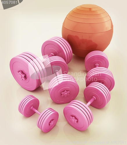 Image of Fitness ball and dumbell. 3D illustration. Vintage style.