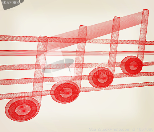 Image of 3D music note on staves. 3D illustration. Vintage style.