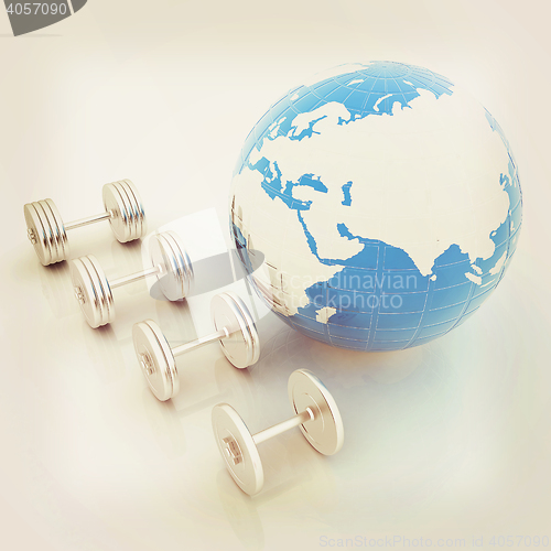 Image of dumbbells and earth. 3D illustration. Vintage style.