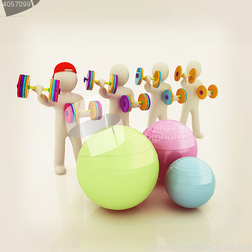 Image of 3d mans with fitness balls and dumbells. 3D illustration. Vintag