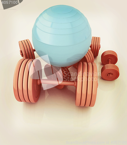 Image of Fitness ball and dumbell. 3D illustration. Vintage style.