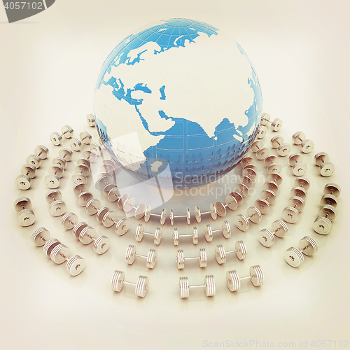 Image of dumbbells and earth. 3D illustration. Vintage style.