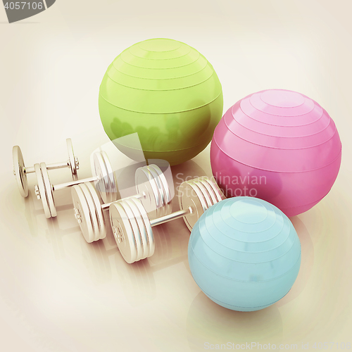 Image of Fitness ball and dumbell. 3D illustration. Vintage style.