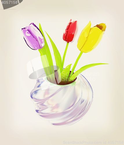 Image of Tulips with leaf in vase. 3D illustration. Vintage style.
