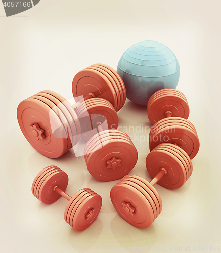 Image of Fitness ball and dumbell. 3D illustration. Vintage style.