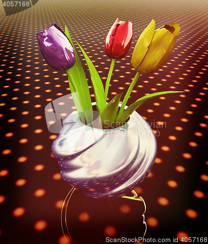 Image of Tulips with leaf in vase. 3D illustration. Vintage style.