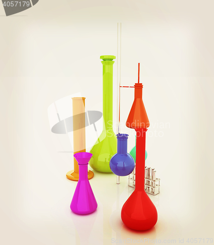 Image of Chemistry set, with test tubes, and beakers filled with colored 
