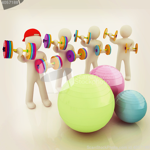 Image of 3d mans with fitness balls and dumbells. 3D illustration. Vintag