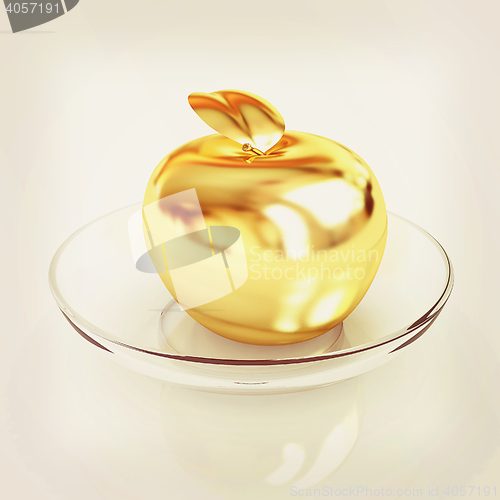 Image of Gold apple on a plate. 3D illustration. Vintage style.