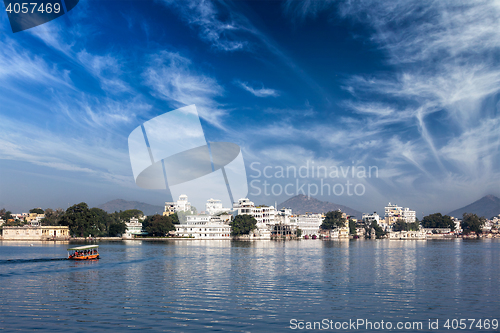 Image of Lake Pichola, Udaipur with tourist boat, Rajasthan, India